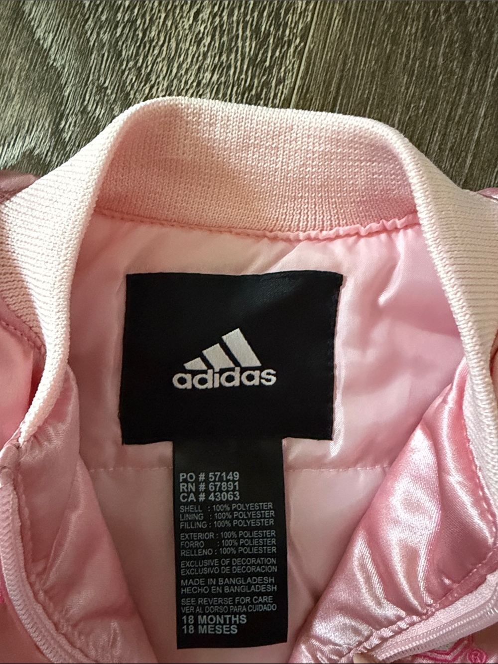 adidas Pink Satin Kids Bomber Jacket with Striped Ribbing - Picture 5 of 5